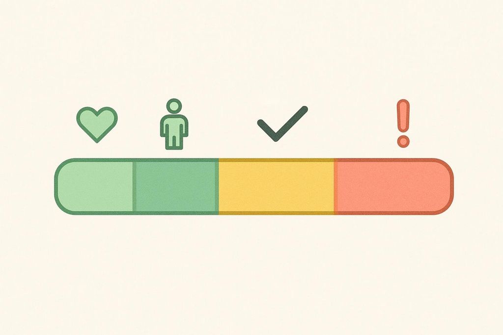 An abstract color-coded horizontal bar with icons above representing different health categories: a heart for best, a person for good, a checkmark for okay, and an exclamation point for concerning.