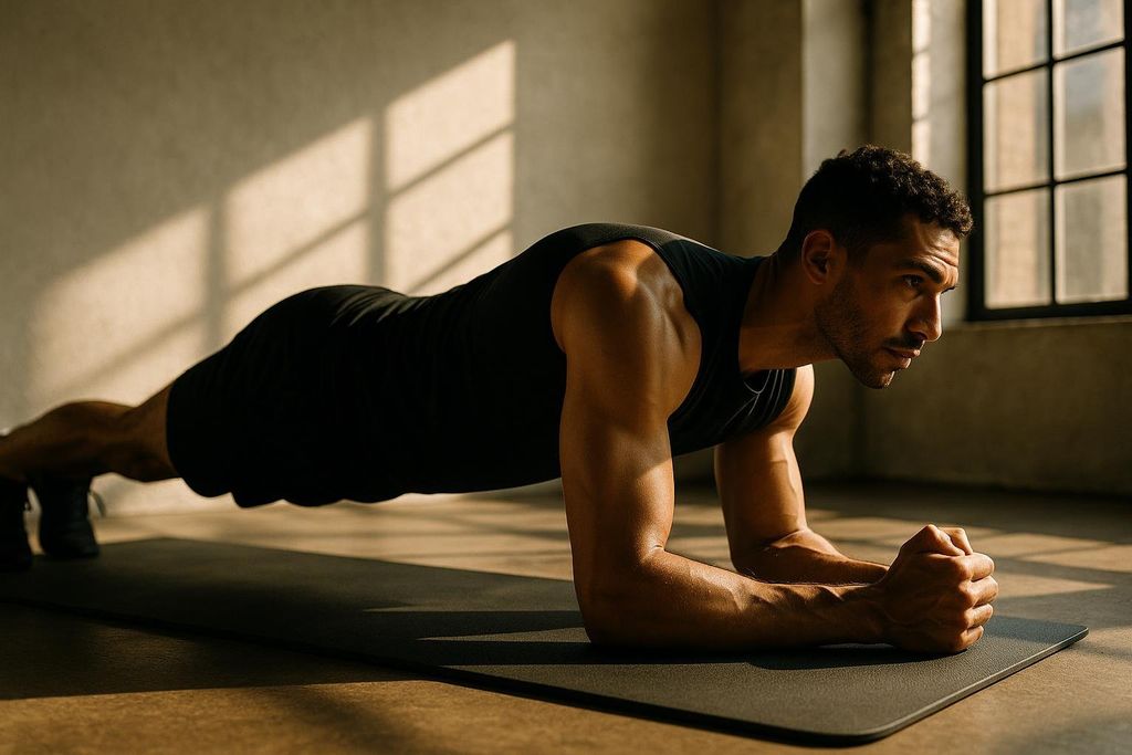 A man in a black tank top performing a forearm plank on a dark yoga mat, with strong sunlight casting shadows from a window in the background. His body is straight, engaging his core.