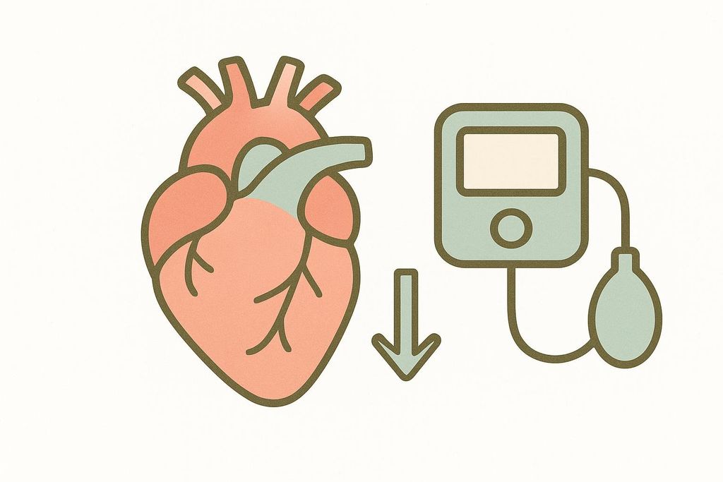 An illustration showing a human heart next to a blood pressure monitor and a downward arrow.
