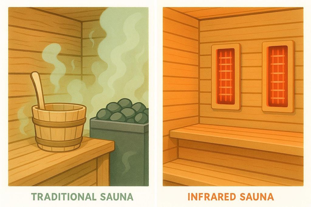 Illustration comparing a traditional sauna with a bucket and hot rocks, and an infrared sauna with glowing heating panels.