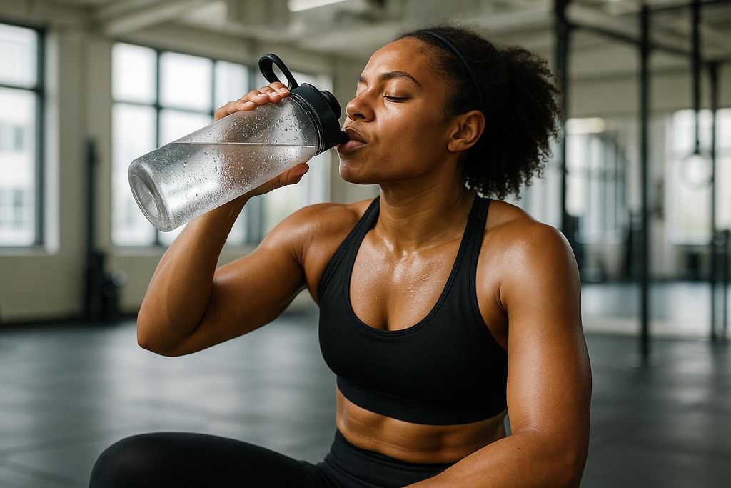 A sweaty athlete in a black sports bra and leggings, with eyes closed, drinking water from a clear bottle in a gym to rehydrate during a workout.
