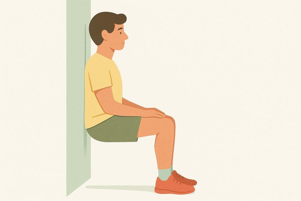 An illustration showing a person performing a wall sit exercise with proper form. The person is pressing their back against a wall, with knees bent at a 90-degree angle, as if sitting in an invisible chair.