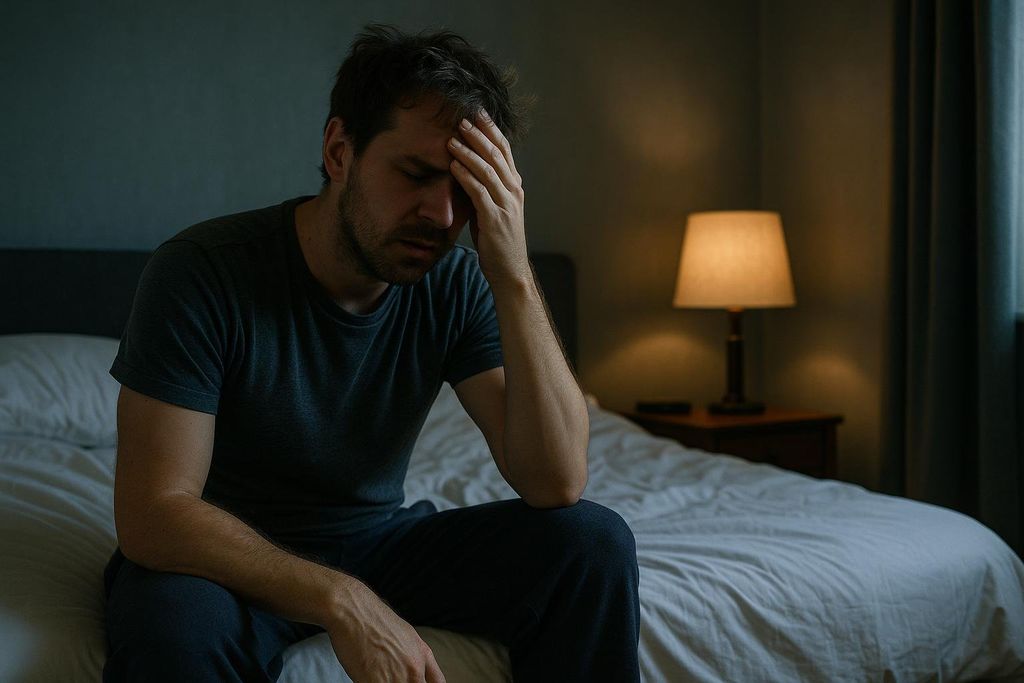A man sits on the edge of his bed in a dark room, holding his head in his hand, appearing distressed and unable to sleep.