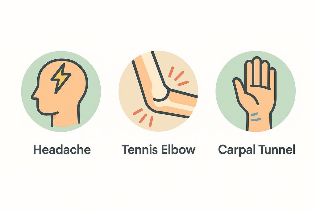 Three circular icons illustrating common medical conditions: a head with a lightning bolt for headache, an elbow with radiating pain lines for tennis elbow, and a hand with lines on the wrist for carpal tunnel.