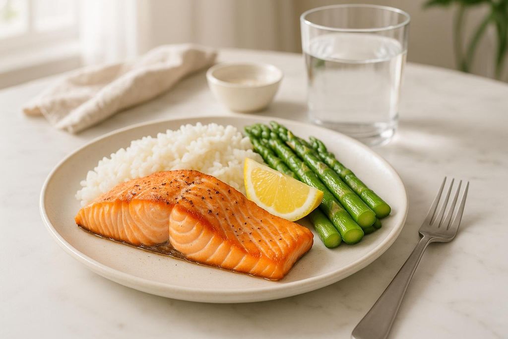 A close-up shot of a baked salmon fillet seasoned with pepper, white rice, steamed asparagus, and a lemon wedge on a light-colored plate. A glass of water, a small bowl of sauce, and a linen napkin are in the blurred background. A silver fork is visible in the bottom right corner.