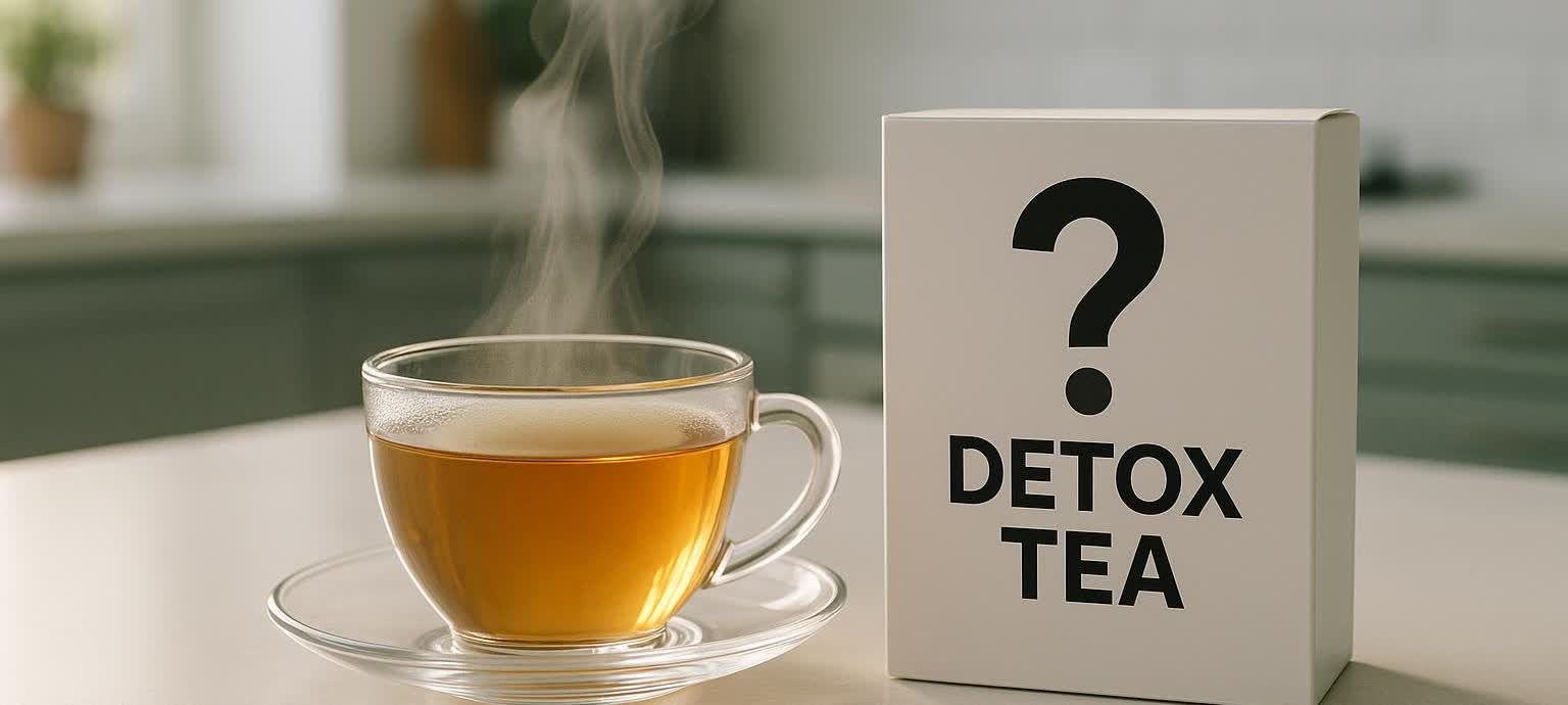 A steaming clear glass cup of detox tea sits next to its white box. A large black question mark is printed prominently on the box above the words "DETOX TEA," questioning its effectiveness.