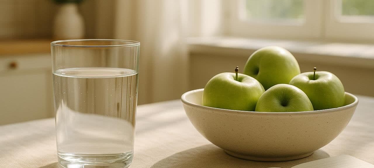 A clear glass of water next to a bowl of green apples on a sunlit table in a bright kitchen setting, promoting healthy hydration and eating.