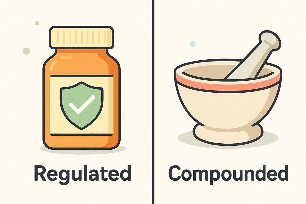 Illustration comparing regulated and compounded medicine. On the left, an orange medicine bottle with a green shield and checkmark represents regulated medicine. On the right, a mortar and pestle represents compounded medicine.
