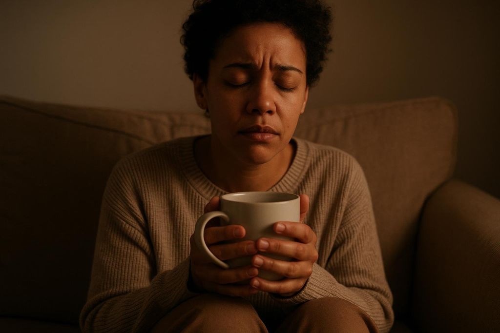 Person looking exhausted on a sofa holding a mug