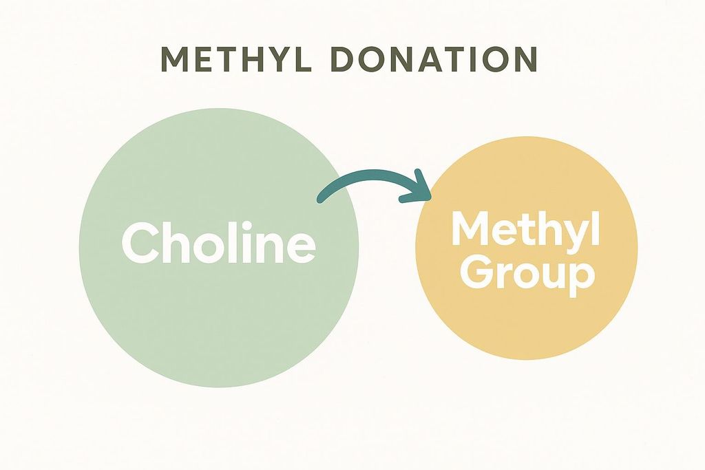 A diagram illustrating 'Methyl Donation'. A green circle labeled 'Choline' has an arrow pointing to a yellow circle labeled 'Methyl Group', indicating that choline donates a methyl group.