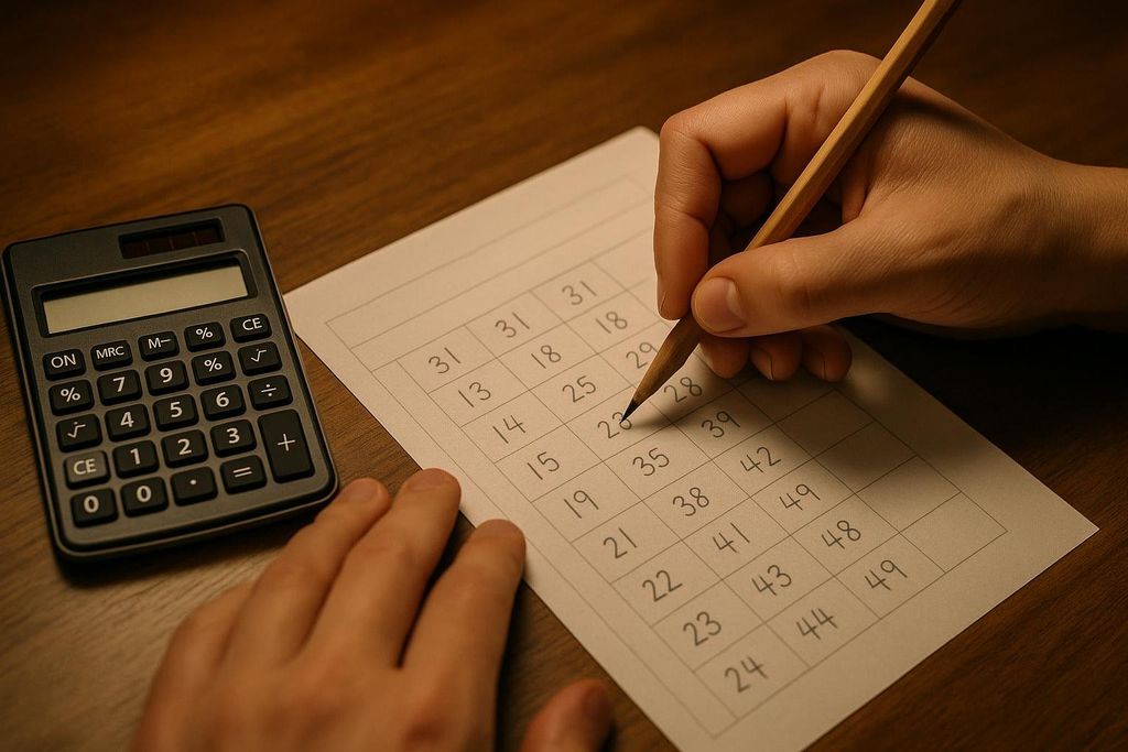 Hands using a pencil to write numbers on a worksheet, with a calculator beside it.