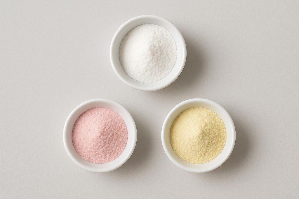 Three small white bowls, each containing a different colored supplement powder: white, pink, and yellow. These represent common ingredients like L-citrulline, beta-alanine, and creatine used in dietary supplements.