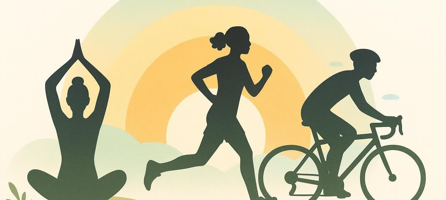 Stylized illustration of diverse people exercising, including someone doing yoga, a runner, and a cyclist, against a backdrop of abstract shapes representing a healthy lifestyle.