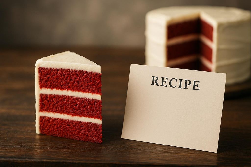 A slice of red velvet cake and a blank recipe card with the word 'RECIPE' on it, on a wooden surface. A half-eaten red velvet cake is out of focus in the background.