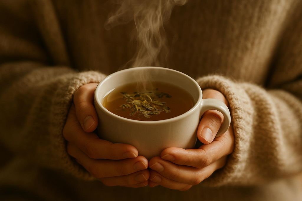 Close-up of hands wearing a cozy light brown sweater, holding a white mug of steaming herbal tea with loose tea leaves floating on top.