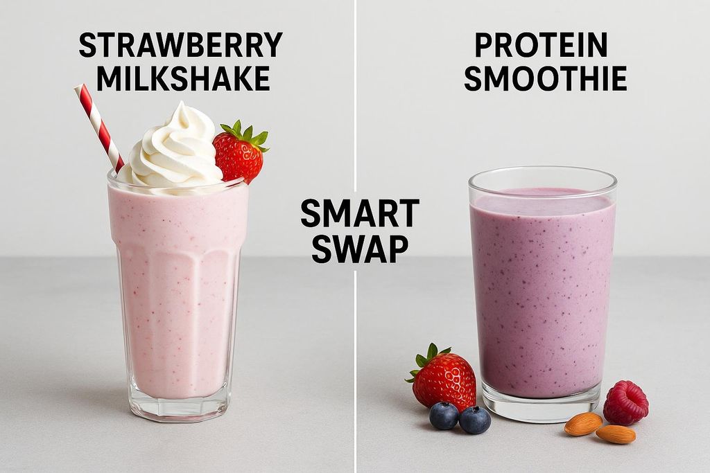 A side-by-side comparison image labeled 'Smart Swap' shows a strawberry milkshake with whipped cream on the left and a purple protein smoothie with fruit and nuts on the right, illustrating a healthier beverage choice.