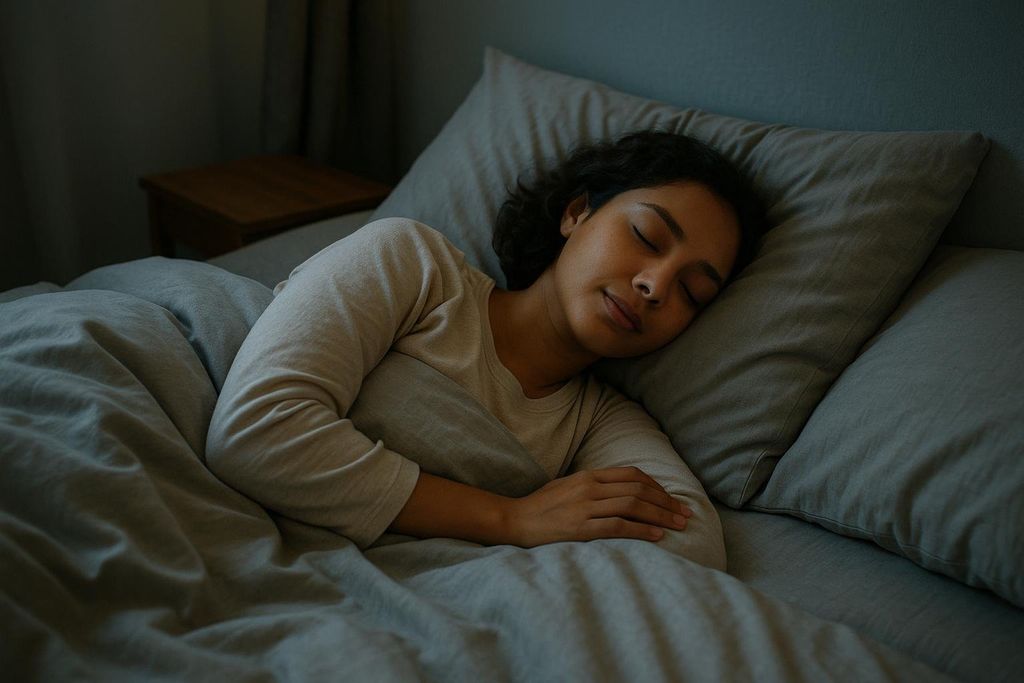 A woman sleeps peacefully in a dimly lit room, highlighting the importance of rest.