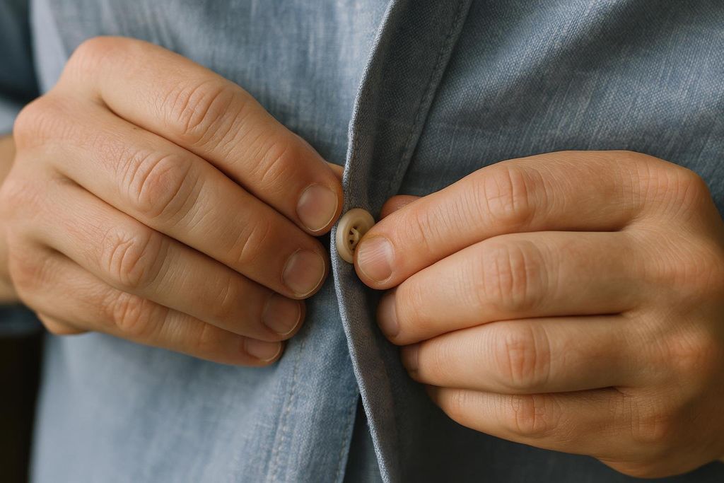 Close-up of hands attempting to button a light blue shirt, highlighting the difficulty of the task. The fingers are positioned around a small, light-colored button on the shirt's placket.