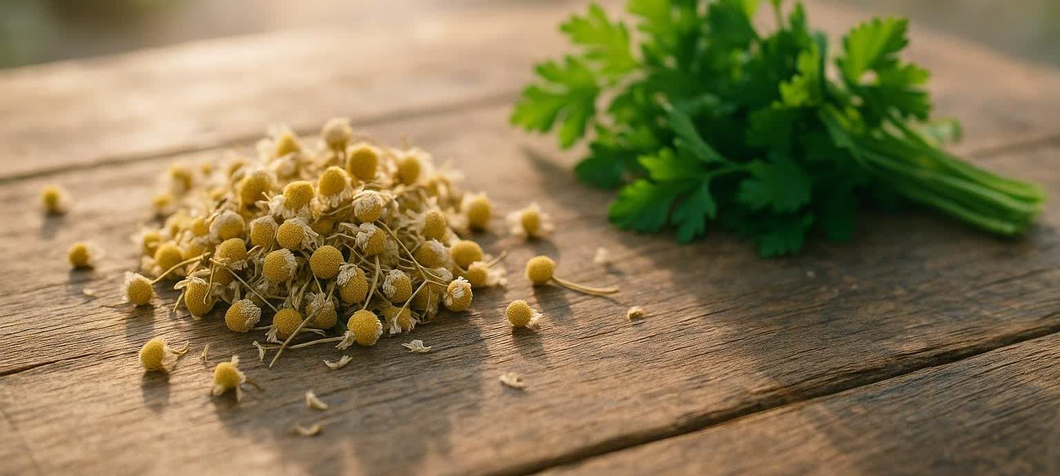 A close-up shot of a pile of dried chamomile flowers on a rustic wooden table, with a vibrant bunch of fresh parsley out of focus in the background to the right.