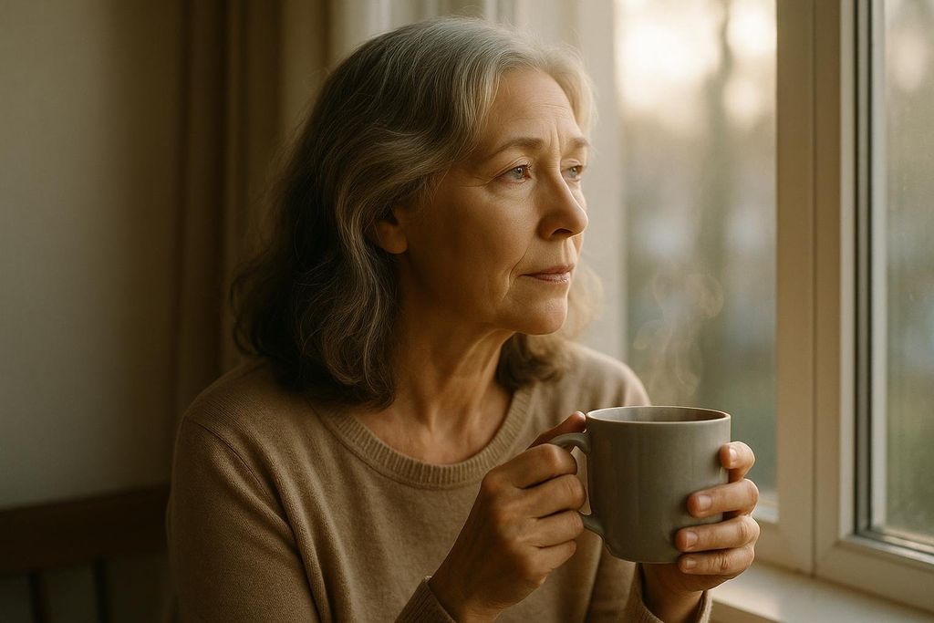 A pensive elderly woman with gray hair looks out a window, holding a steaming mug in her hands. The soft light of a golden hour filters in from outside, highlighting her thoughtful expression.