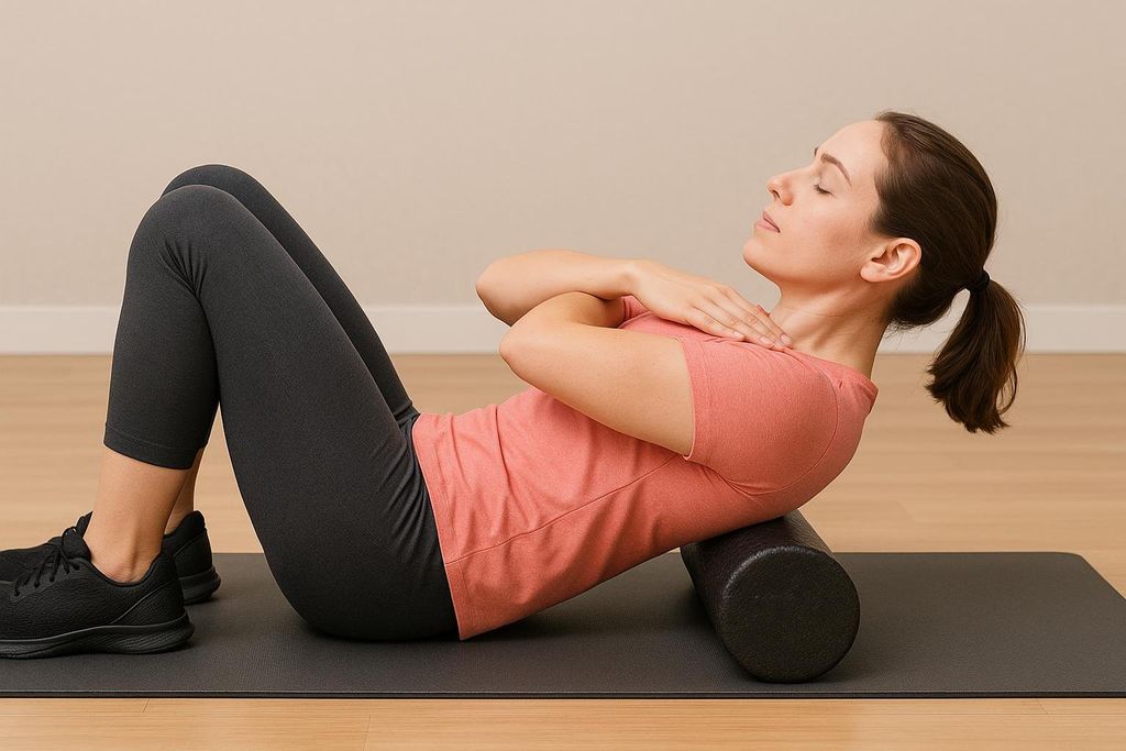 A woman lies on her back on an exercise mat, foam rolling her upper back. Her arms are crossed over her chest and she is wearing a coral t-shirt and charcoal leggings.