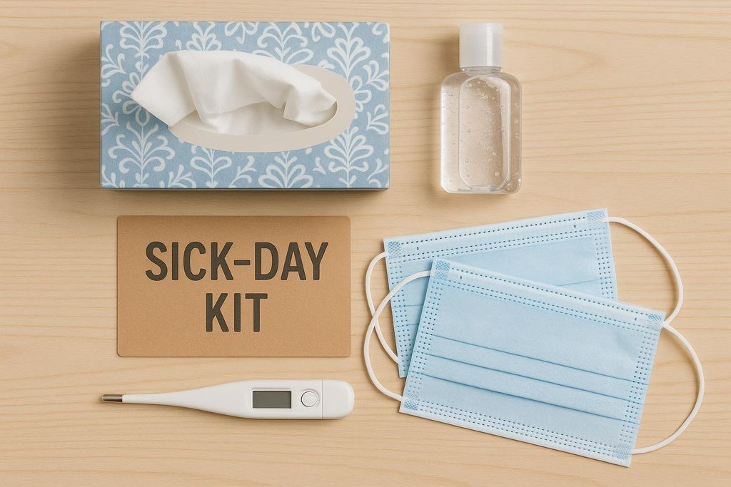 A flat lay of a sick-day kit featuring a box of tissues, a bottle of hand sanitizer, a digital thermometer, and two blue face masks, all arranged on a light wooden surface. A brown card in the center reads 'SICK-DAY KIT'.