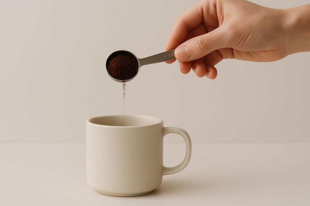 A person's hand holding a tablespoon of coffee grounds, carefully pouring them into a cream-colored mug below. Fine particles of coffee grounds are visible falling into the mug.