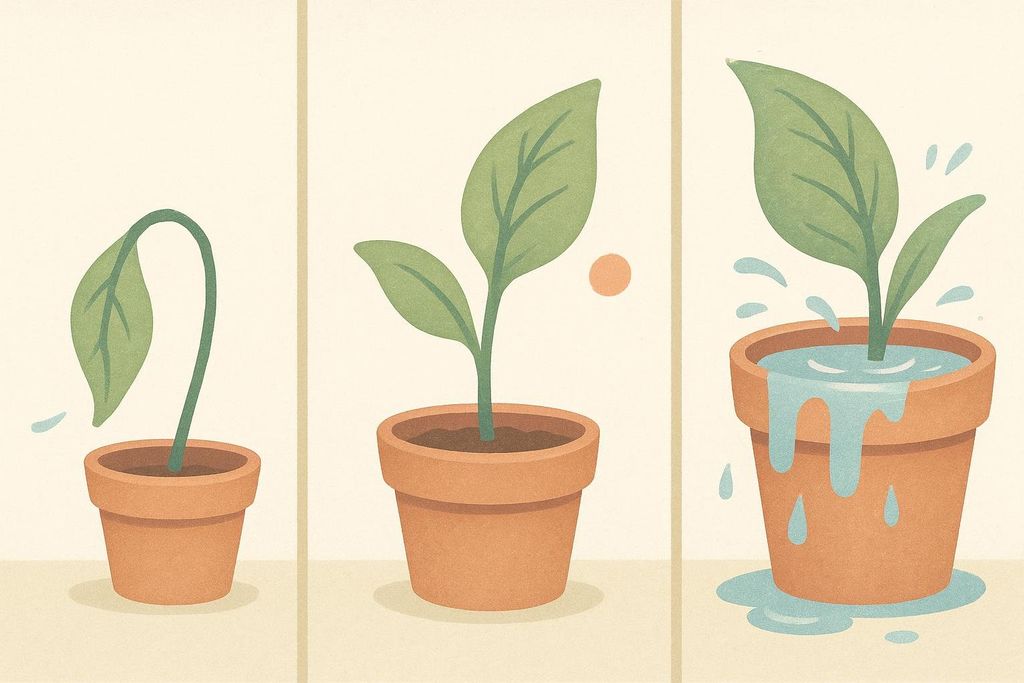 A three-panel illustration showing a wilted leaf in a pot symbolizing hunger, a healthy upright leaf in a pot for being satisfied, and an overflowing pot with water spilling out for being stuffed, illustrating states of fullness.
