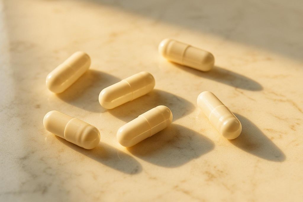 Six off-white or cream-colored capsules are arranged with clean spacing on a light-colored marble surface, illuminated by natural sunlight that casts soft shadows. The capsules appear generic, suggesting vitamins or medication.