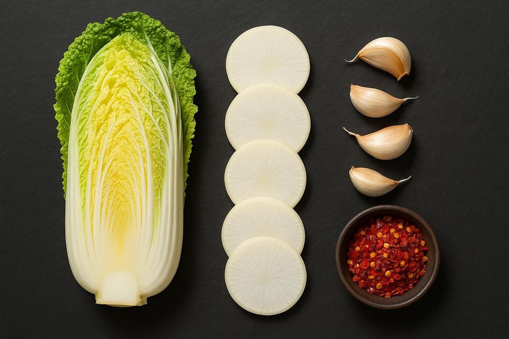 A flat lay of kimchi ingredients on a dark surface: a head of napa cabbage, a stack of sliced daikon radish, four cloves of garlic, and a small bowl of red chili flakes.