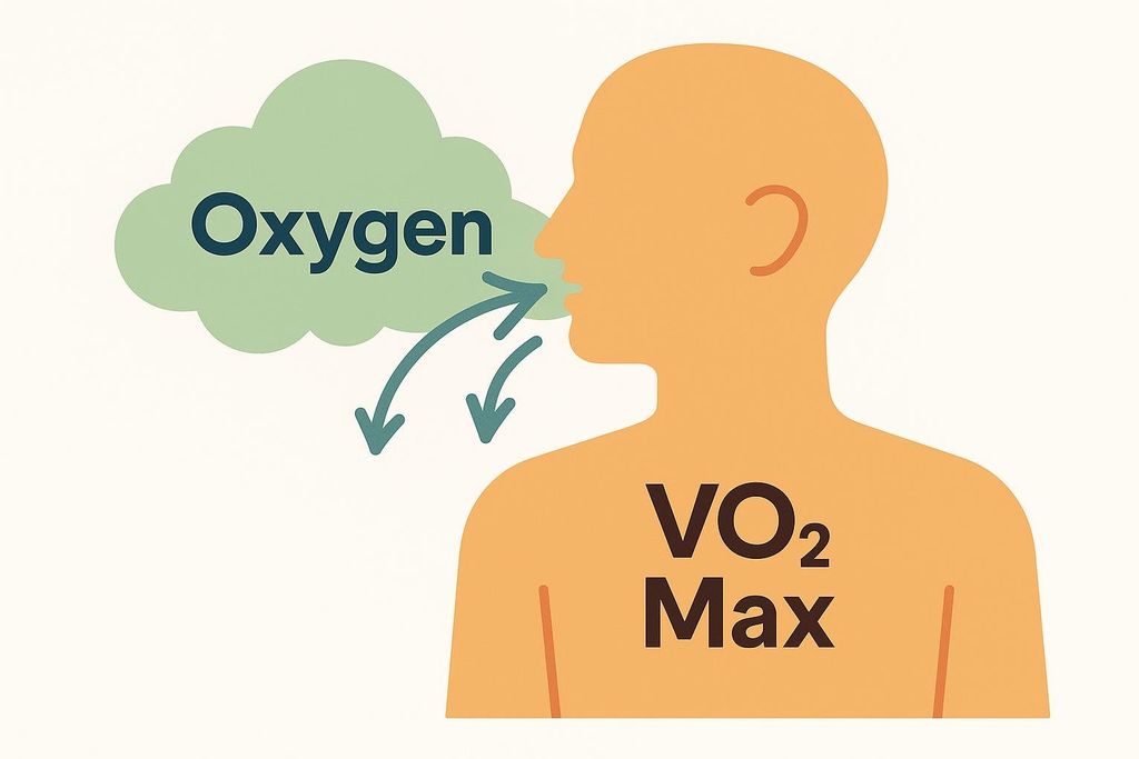A stylized diagram showing the profile of a human head and shoulders with oxygen entering the mouth and lungs, and the text 'VO2 Max' on the chest. Arrows indicate the flow of oxygen into the body.