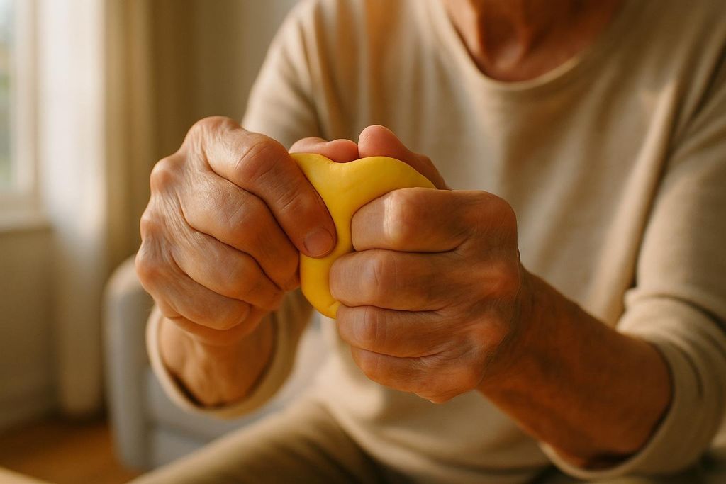 Close-up of an older adult's hands with visible wrinkles, gently squeezing a bright yellow piece of therapeutic putty. The background is softly blurred with warm, natural light filtering in, creating a positive and therapeutic ambiance.