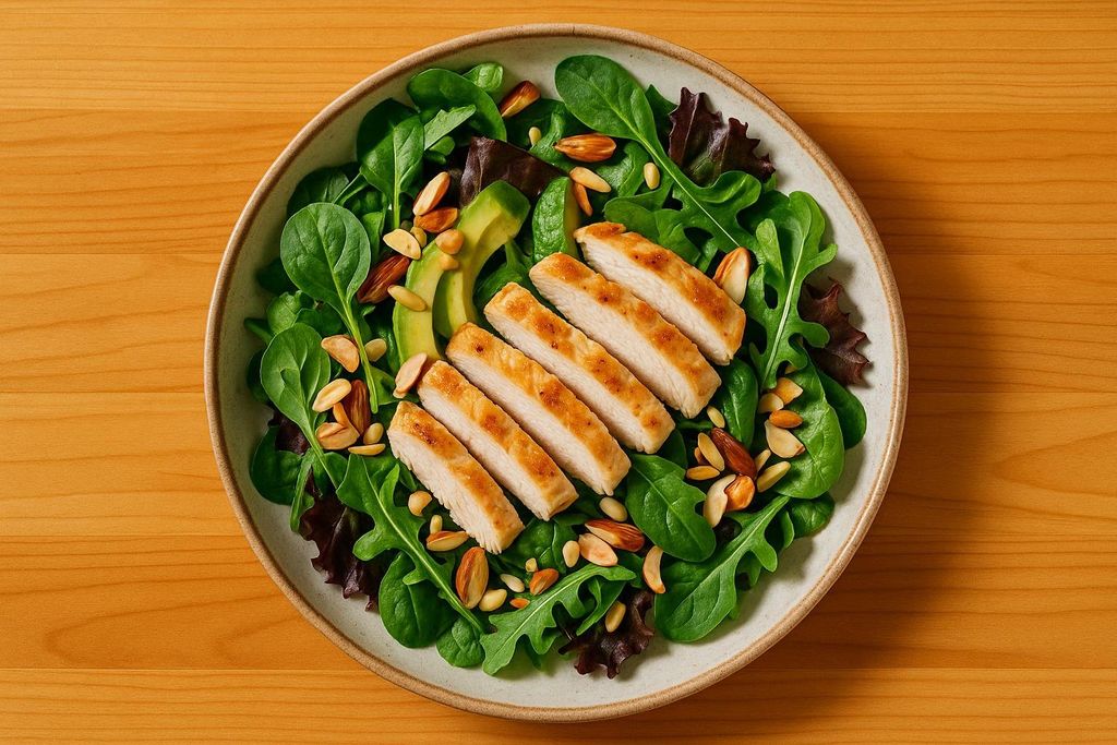 A vibrant top-down view of a fresh grilled chicken salad, featuring sliced chicken breast, mixed greens, avocado slices, and various nuts like almonds and pine nuts, all served in a light-colored bowl on a wooden surface.