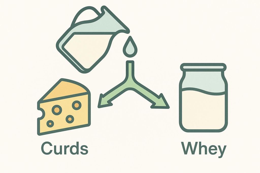 A vector infographic showing a milk jug pouring liquid that splits into two arrows. One arrow points to a block of curds with the label "Curds," and the other points to a jar of whey labeled "Whey." This illustrates the separation of milk into curds and whey.