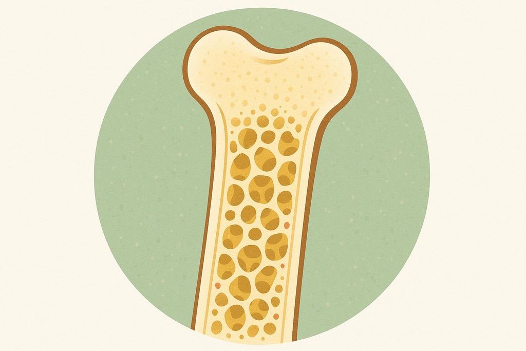An illustration depicting a healthy bone with dense structure and small, uniform pores, set against a pale green circular background.