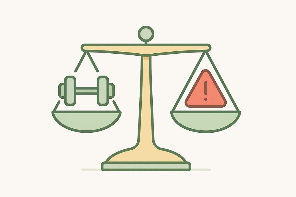 A scale weighing a dumbbell (representing performance or benefits) against a warning sign (representing risk), illustrating the trade-offs of using pre-workout.
