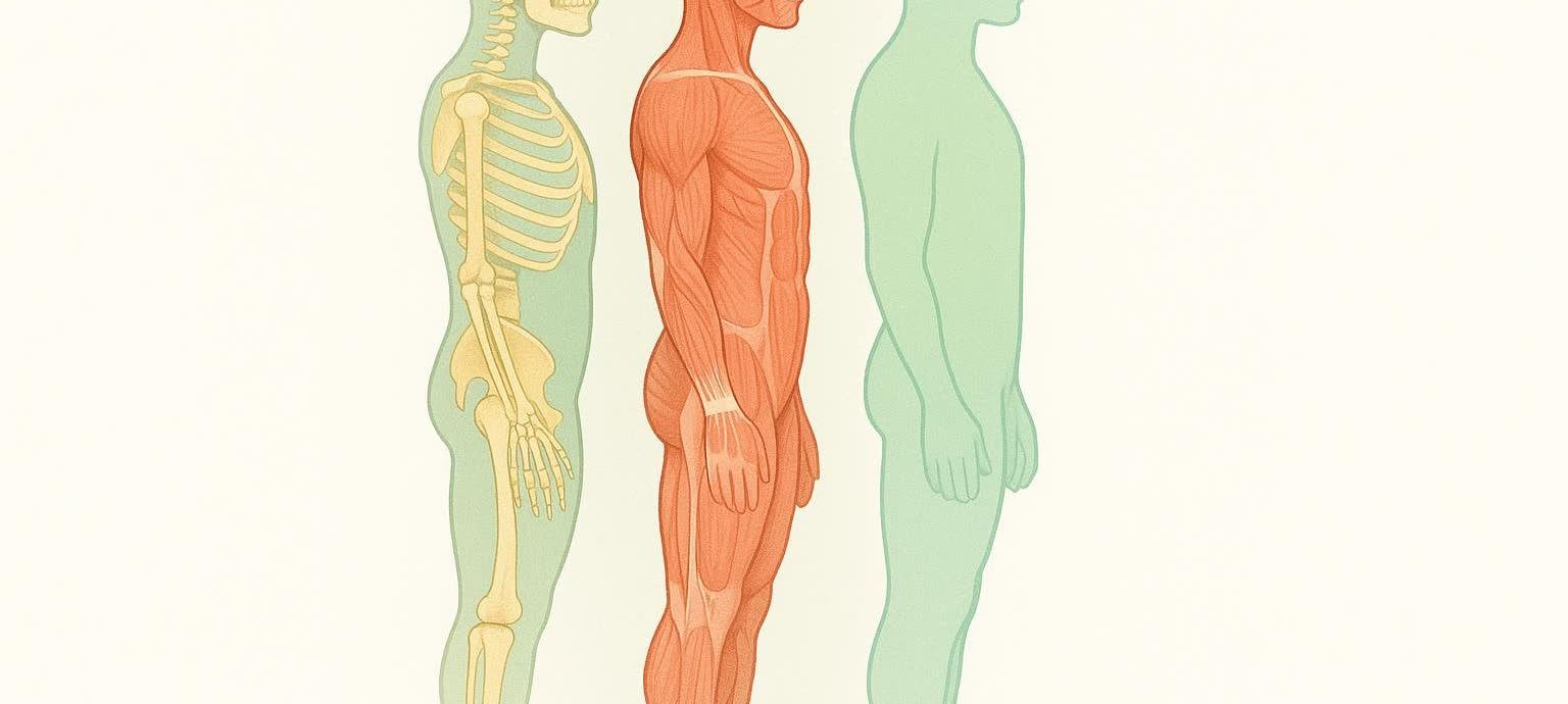 A stylized illustration showing three side-view human silhouettes. From left to right: a skeleton in a light green outline, a muscle system in red, and a plain light green outline representing skin/outer body.