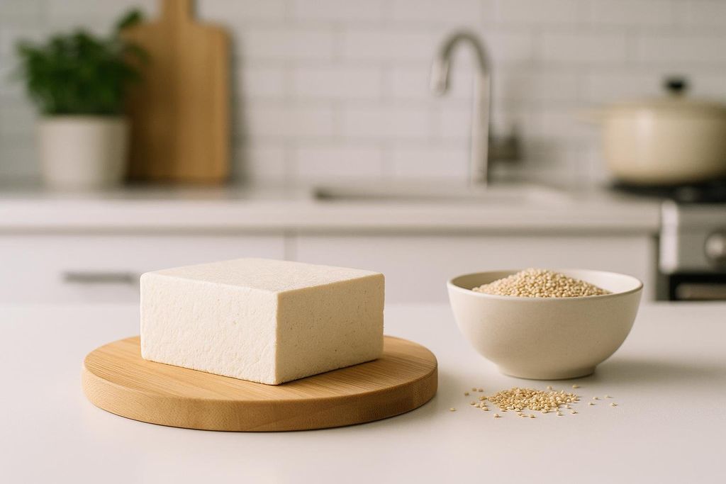 A block of firm tofu sits on a round wooden cutting board next to a bowl of uncooked quinoa on a white kitchen counter. A few quinoa grains are scattered on the counter. In the blurred background, a kitchen sink faucet, a cutting board, and a pot are visible.