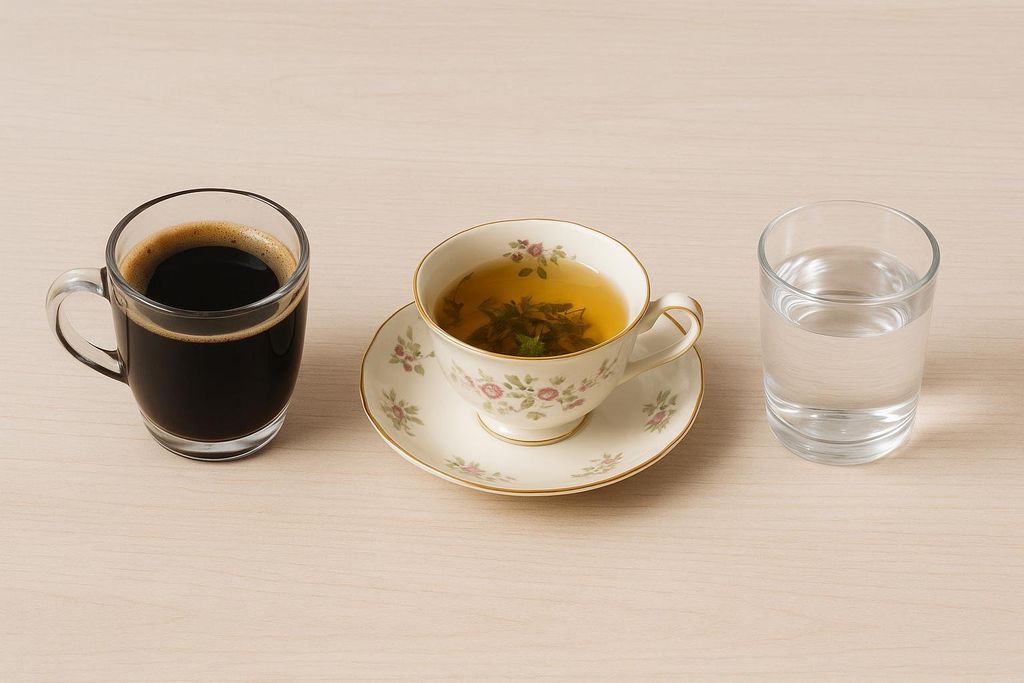 A flat lay showcasing three approved fasting drinks: a glass mug of black coffee, an ornate teacup with herbal tea, and a glass of water, all arranged neatly on a light wooden surface.
