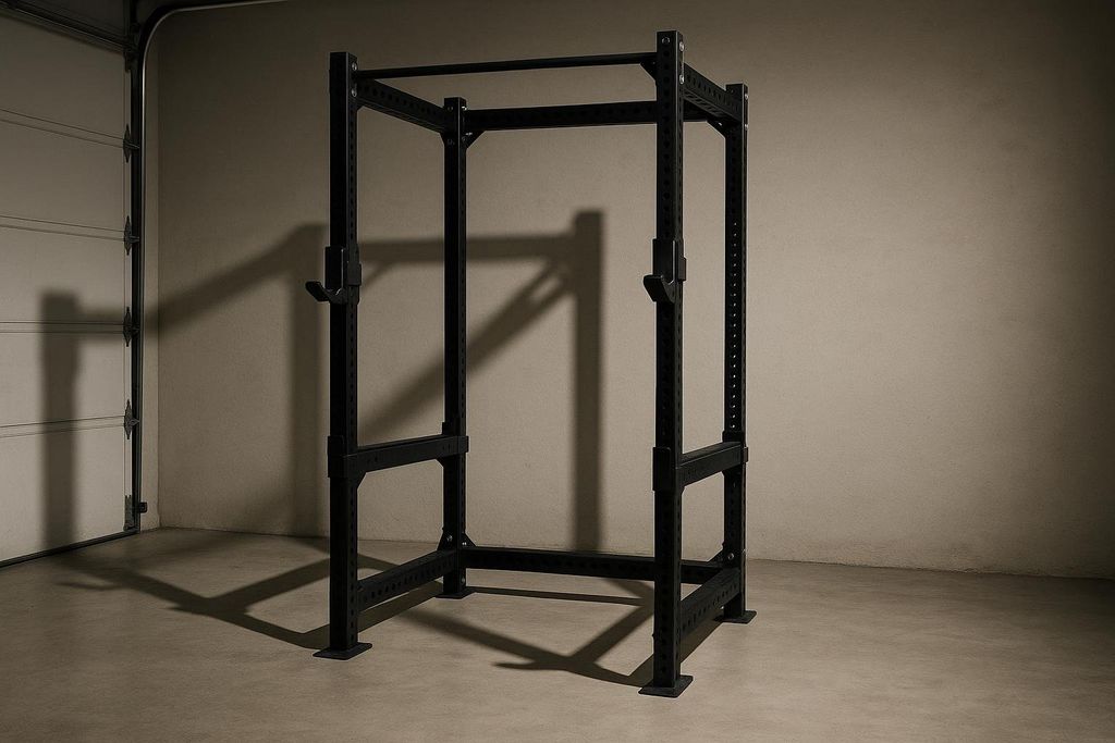 A heavy-duty black power rack positioned in a home garage, ready for strength training.