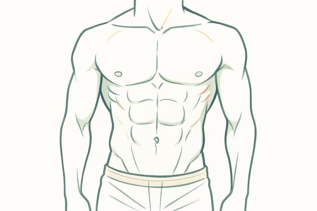 Stylized line art illustration showing a male torso with defined abdominal muscles, representing approximately 12% body fat.