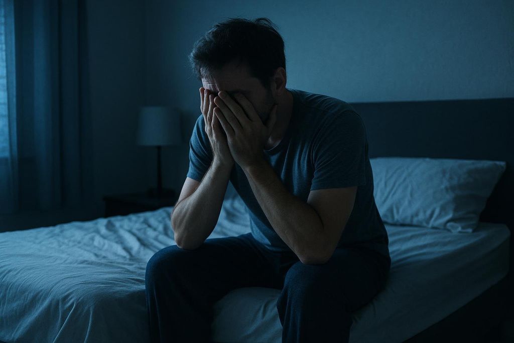 A man sits on his bed in a dark room, burying his face in his hands, appearing to be suffering from insomnia or sadness.