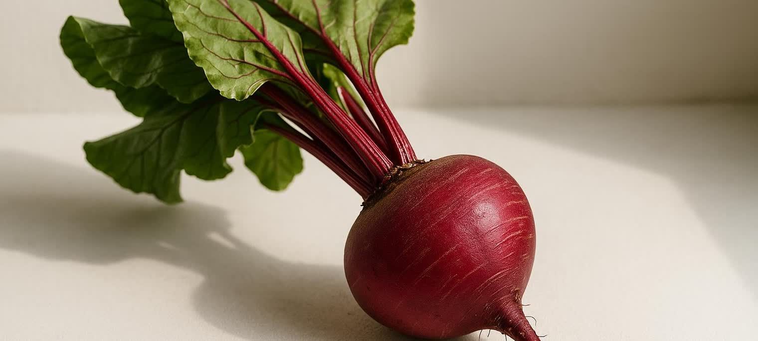 A whole, fresh red beet with vibrant green leaves is prominently displayed against a light background.