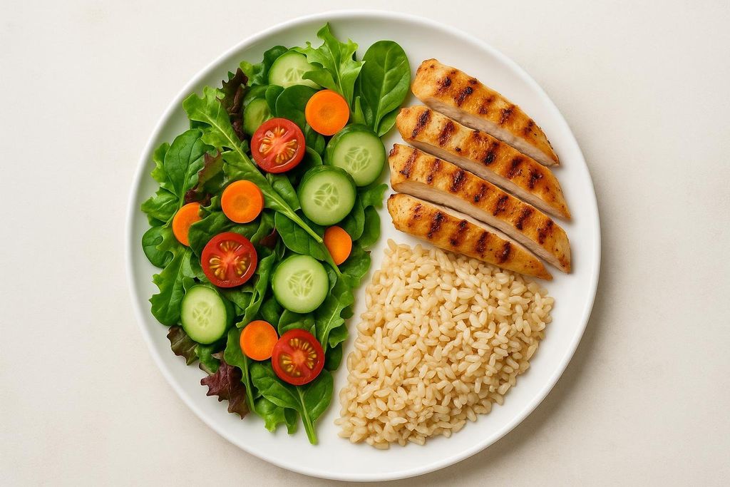 A white plate holds a balanced meal consisting of fresh green salad with cucumbers, carrots, and tomatoes on the left, four slices of grilled chicken breast in the upper right, and a serving of brown rice in the lower right.