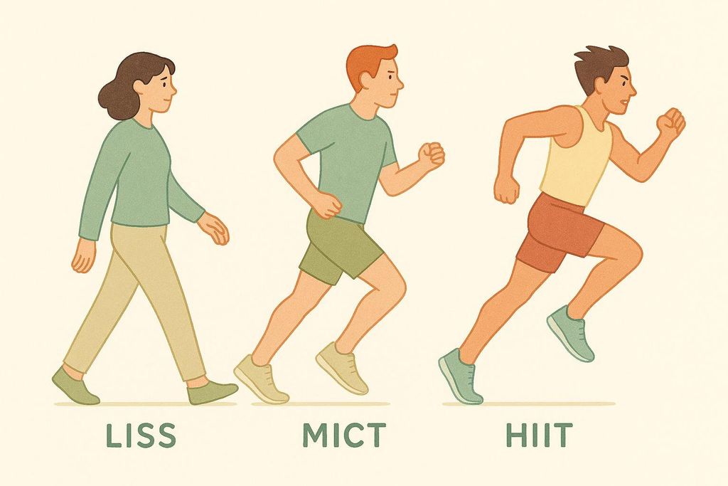 An illustration comparing cardio styles, with figures shown walking, jogging, and sprinting to represent LISS (Low-Intensity Steady State), MICT (Moderate-Intensity Continuous Training), and HIIT (High-Intensity Interval Training).