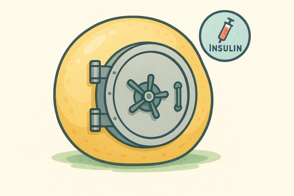 Illustration of a fat cell depicted as a yellow, round vault with a steel door, representing how insulin traps fat during insulin resistance. A circular icon with an insulin syringe appears next to it.
