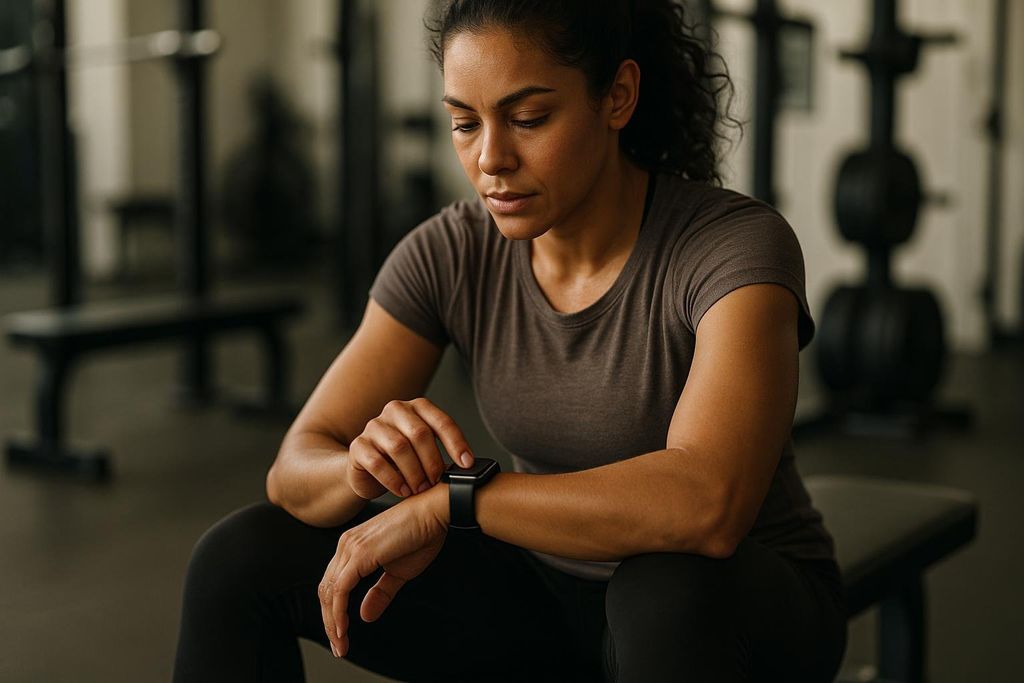 A focused woman in athletic wear sits on a bench in a gym, checking her smartwatch, likely to monitor rest intervals or workout progress.