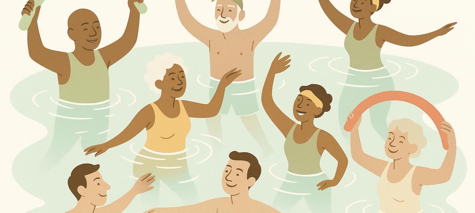 A colorful, stylized illustration of diverse people of various ages, including a man and woman with white hair, performing water aerobics in a pool. They are smiling and appear to be enjoying the exercise. Some individuals are holding water noodles. The art style is clean and modern.