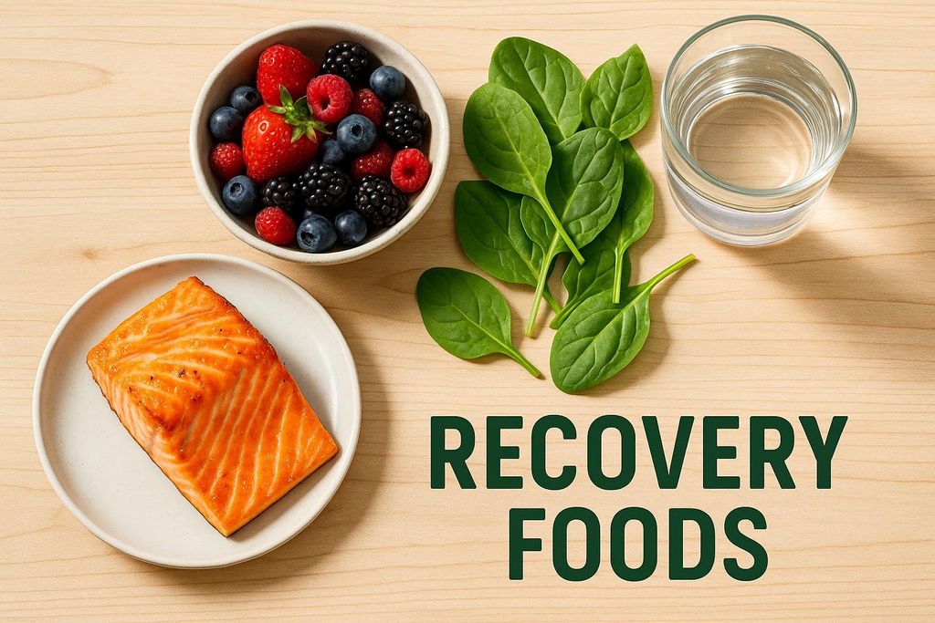 A flat lay on a light wooden surface featuring a plate of cooked salmon, a bowl of mixed berries, a pile of fresh spinach leaves, and a glass of water. The text 'RECOVERY FOODS' is superimposed in dark green on the right side of the image.