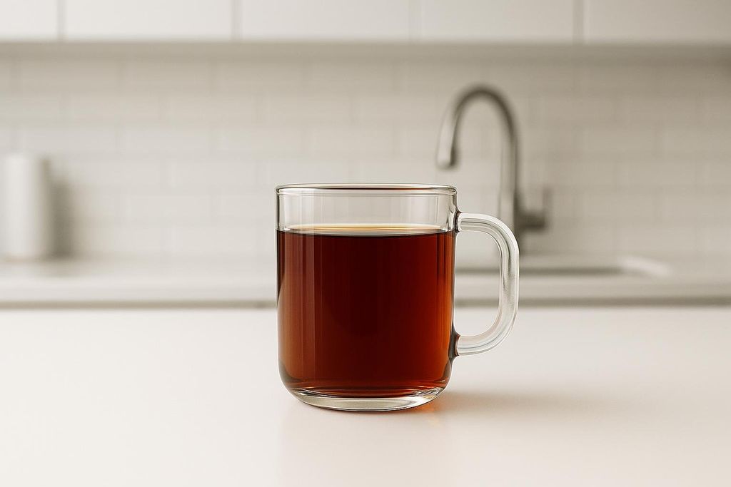 A clear mug of dark amber tea representing a key warning sign